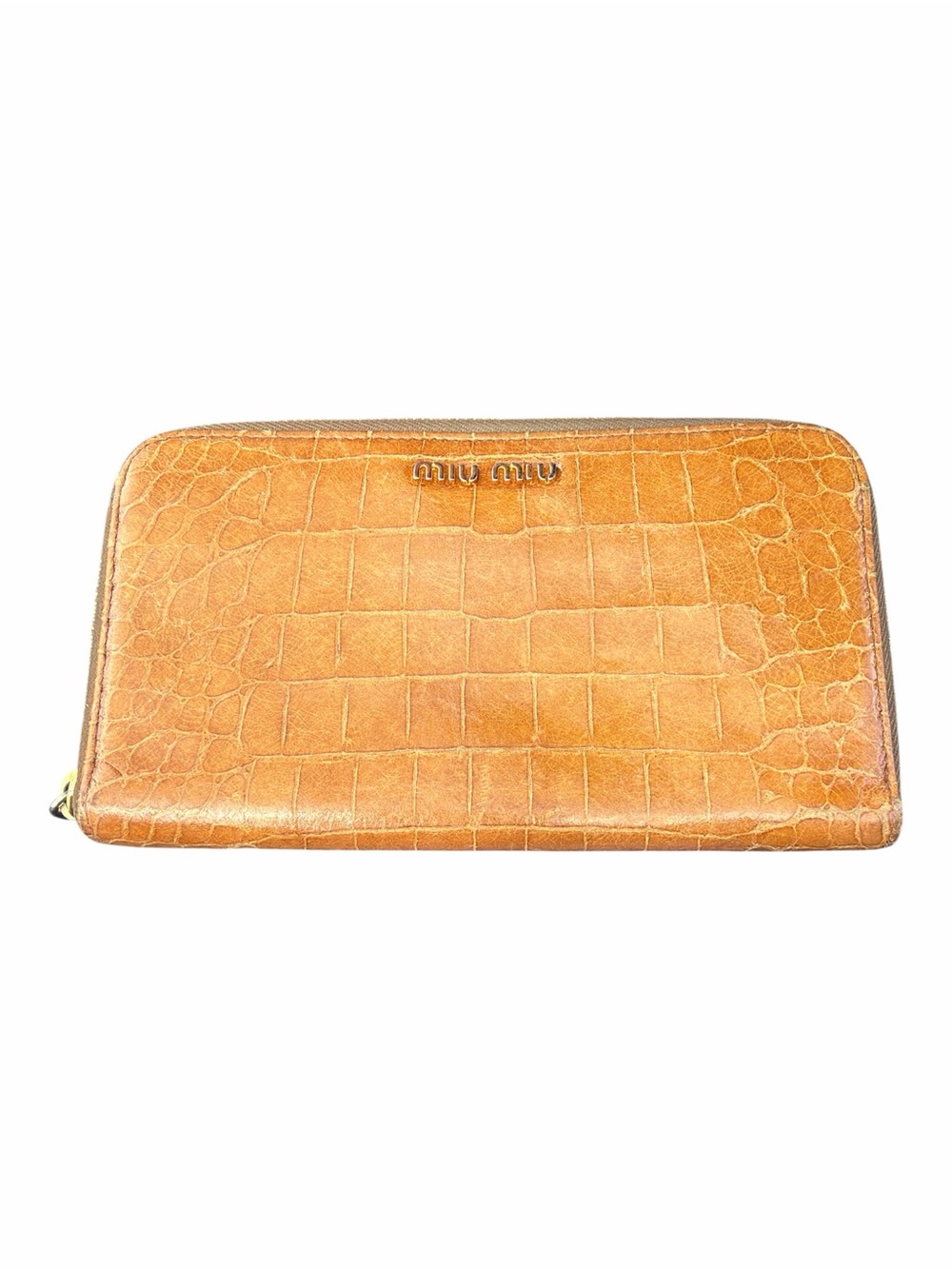 Miu Miu Brown Crocodile Embossed Leather Zip Around Continental Wallet